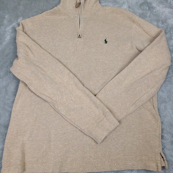 Polo Ralph Lauren Estate‎ Sz L Oatmeal Heather Cotton Rib Knit 1/4 Zip Pullover - Picture 1 of 9